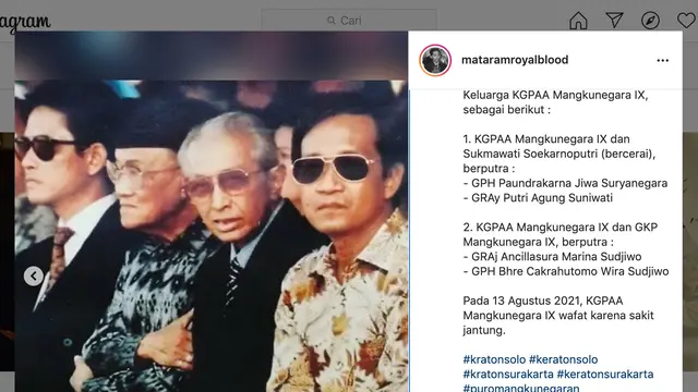 Unggahan terkait biografi singkat KGPAA Mangkunegara IX. (Foto: Instagram @mataramroyalblood)