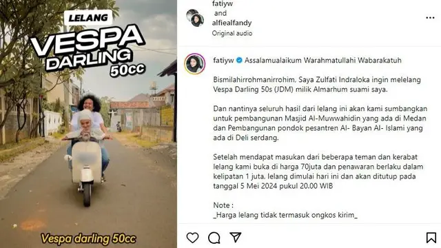 Unggahan Istri Babe Cabita melelang Vespa kesayangan suaminya. (Instagram.com/@fatiyw)