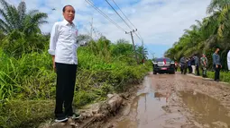 Jokowi meninjau secara mendadak kondisi jalan rusak yang ada di ruas jalan tersebut. (FOTO: Dok. Agus Suparto/Biro Pers Kepresidenan)