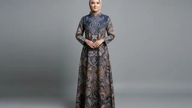 Gamis Batik Premium Kerah Shanghai dengan Bordir Pita