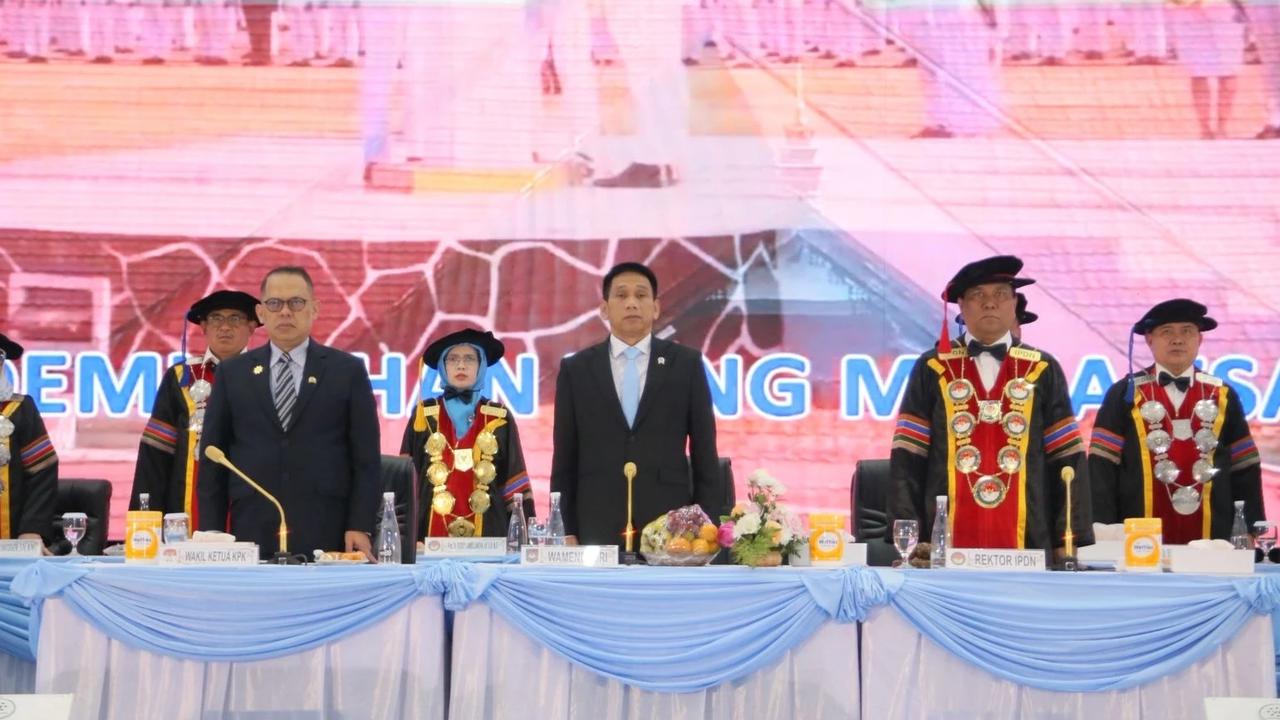 Wamendagri Akhmad Wiyagus saat menghadiri Sidang Senat Terbuka Dies Natalis ke-70 IPDN di Balairung Rudini, IPDN Jatinangor