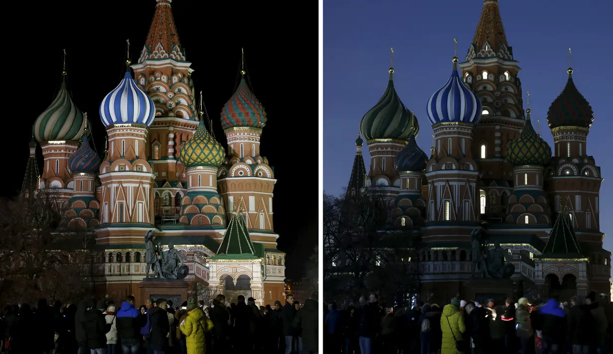 Foto kombinasi dari Katedral St Basil sebelum dan saat memperingati Earth Hour di Red Square, Moskow, Rusia (19/3/2016). (Reuters/Maxim Zmeyev)