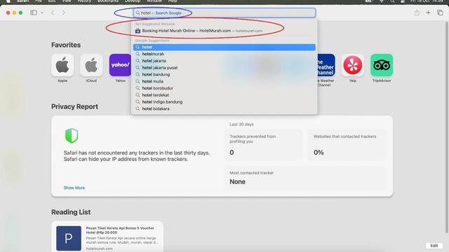 Hasil Pencarian Hotel di Browser Safari