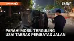Sebuah mobil jenis SUV berwarna hitam terguling di ruas Jalan S Parman arah Slipi, Palmerah, Jakarta Barat, Kamis (8/1) dini hari.