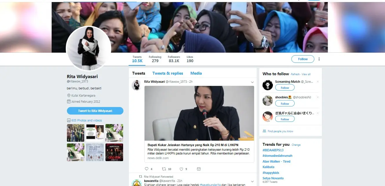 Rita Widyasari curhat di media sosial usai diciduk KPK. (Sumber Foto: Twitter/ritawow_1973)