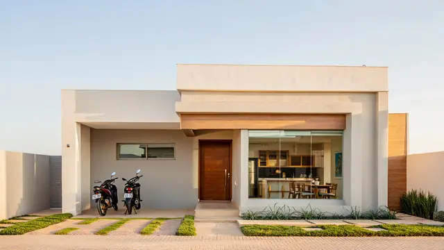 Desain Rumah Tipe 45 Satu Lantai dengan Garasi Muat 2 Motor dan Tampak Luas (AI)