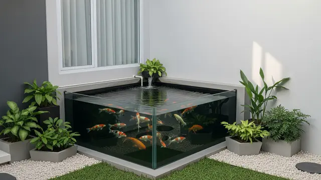 Desain Kolam Ikan Koi Sudut Persegi dengan Dinding Kaca Transparan