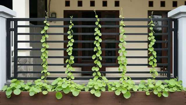Desain Rambatan dengan Pot Panjang di Dasar Pagar