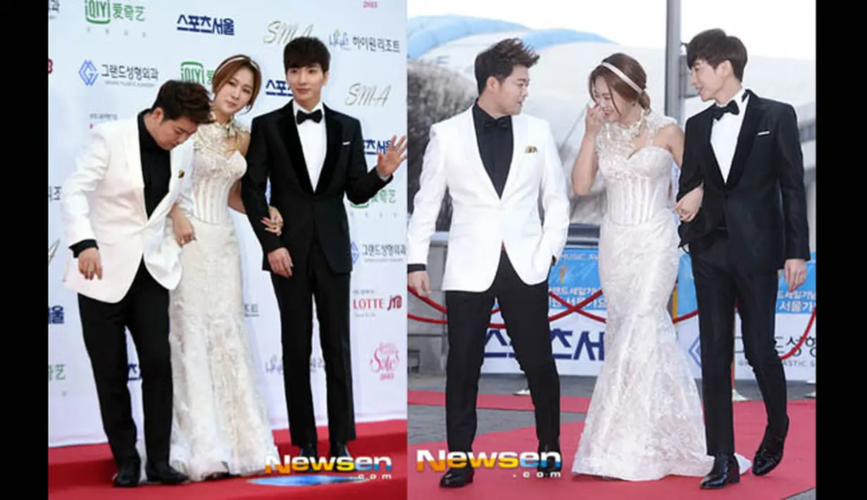 Jun Hyun Moo, Soyu Sistar dan Leeteuk Super Junior saat red carpet Seoul Music Awards 2015 di Olympic Gymnastics Arena, Korea, Kamis (22/1/2015). (mwave.interest.me)