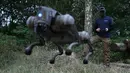 Operator dengan tanda panggilan Yuri mendemonstrasikan kemampuan robot anjing di lokasi yang dirahasiakan di Ukraina, di tengah invasi Rusia pada 7 Agustus 2024. (GENYA SAVILOV / AFP)