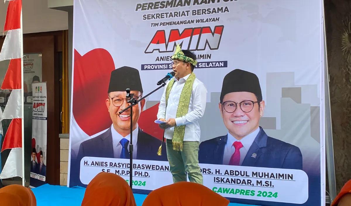 Bakal Calon Wakil Presiden Muhaimin Iskandar menyinggung keberpihakan menyikapi pembatalan agenda Capres Koalisi Perubahan Anies Baswedan di Gedung Indonesia Menggugat (GIM), Jawa Barat, pada Minggu (8/10).&nbsp;<br>