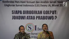 Peneliti LSI Denny JA, Ikrama Masloman dan M Khotib merilis survei bertajuk 'Siapa Dirugikan Golput: Jokowi atau Prabowo?,  Jakarta, Selasa (19/3). Jokowi-Maruf dirugikan jika golput terjadi di segmen minoritas, milenial.  (Liputan6.com/Faizal Fanani)