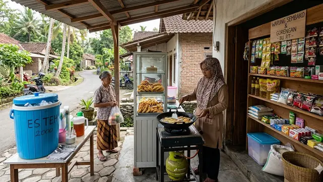 Kombinasi 3 Usaha di Teras Rumah Desa untuk IRT (Foto: Gemini AI)