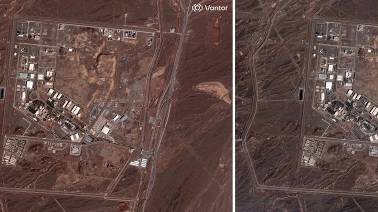 Dalam gambar dari citra satelit yang disediakan oleh Vantor terlihat fasilitas nuklir Natanz di Iran sebelum serangan (kiri) dan setelah mengalami kerusakan pada Senin, 2 Maret 2026.