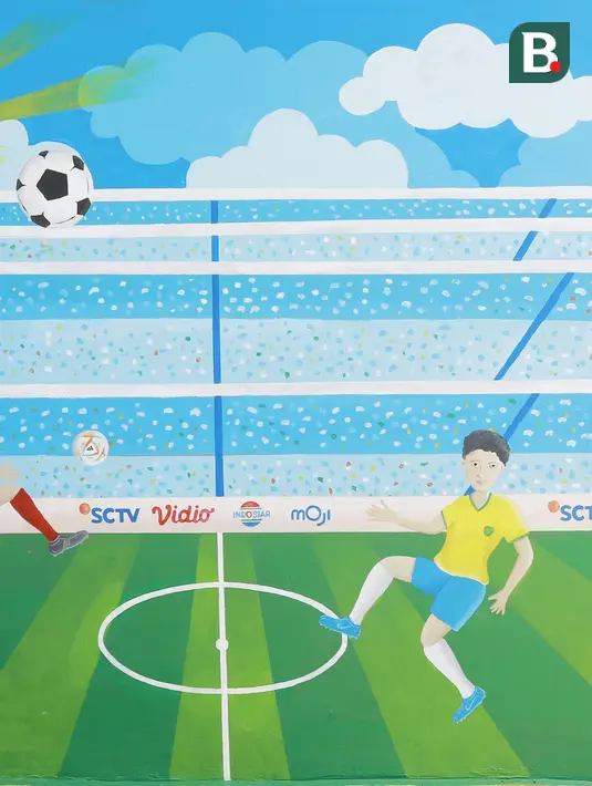 <p>Warga menyelesaikan pembuatan mural bertema Piala Dunia 2022 di Perum Depok Maharaja Blok M1 Cluster Cemara, Rangkapan Jaya, Depok, Jawa Barat, Minggu (30/10/2022). (Bola.com/M Iqbal Ichsan)</p>