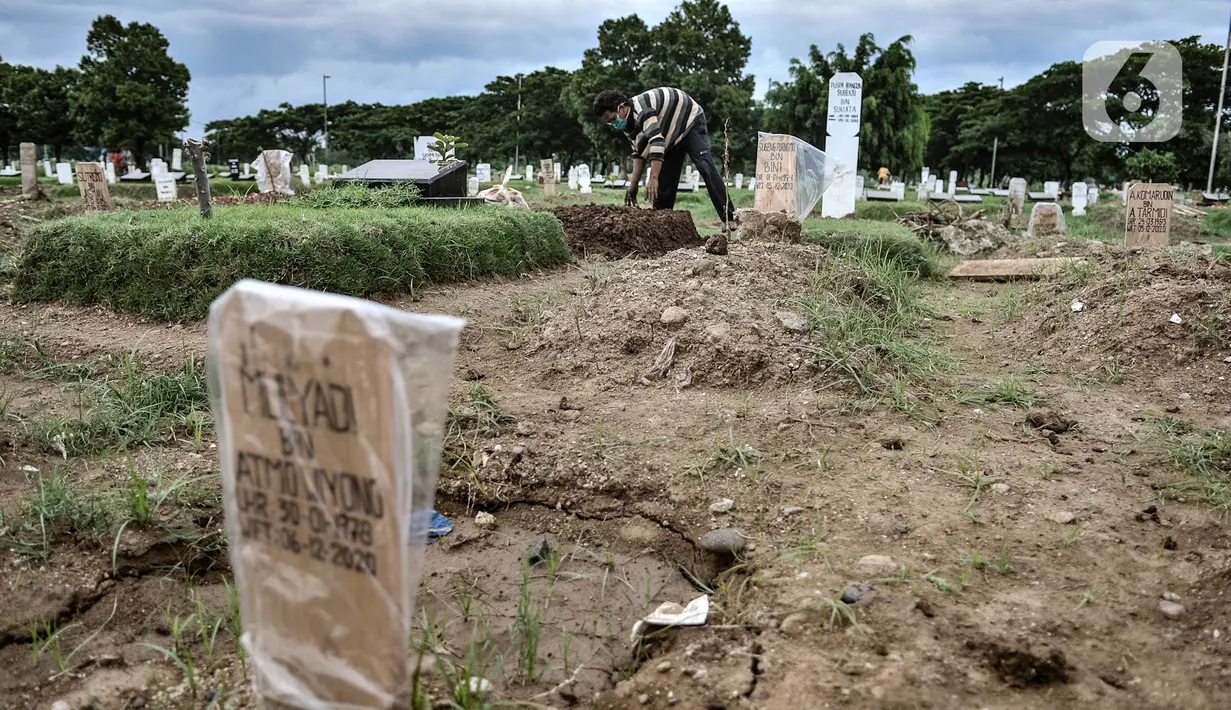 Petugas saat merapikan salah satu makam jenazah terkait Covid-19 di TPU Tegal Alur, Jakarta, Kamis (14/1/2021). Kepala Satuan Pelaksana TPU Tegal Alur Wawan Wahyudi mengungkapkan blok pemakaman muslim khusus jenazah terpapar Covid-19 telah penuh. (merdeka.com/Iqbal S. Nugroho)