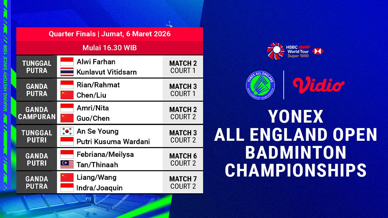 Nonton Live Streaming Perempat Final All England Open 2026, Eksklusif di Vidio
