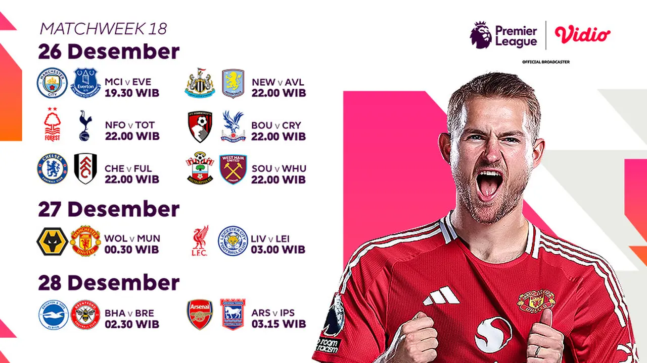 Jadwal Boxing Day Liga Inggris 2024/25 Matchweek 18 di Vidio