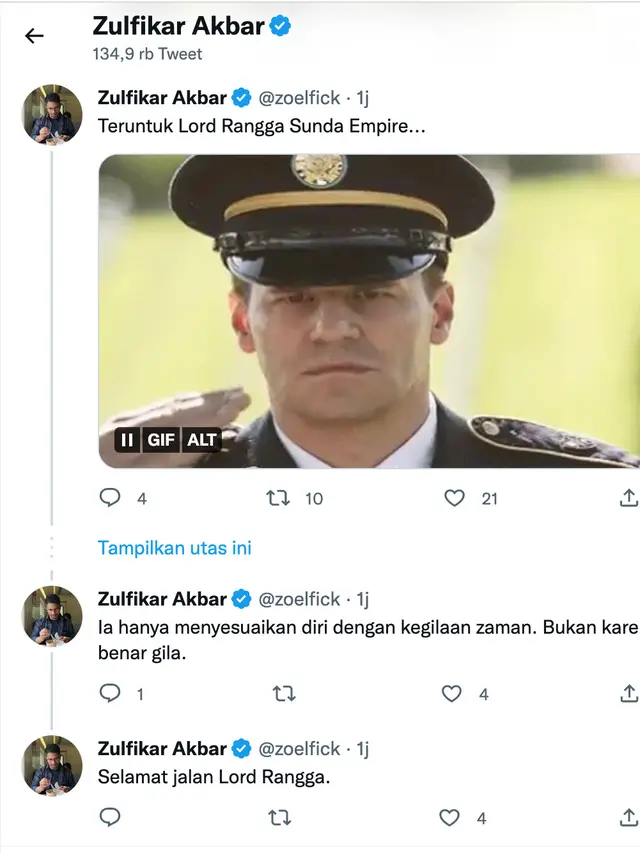 Cuitan Zulfikar Akbar soal Lord Rangga meninggal dunia. (Foto: Dok. Twitter @zoelfick)