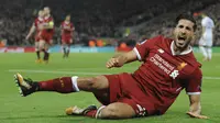 Ekspresi pemain Liverpool, Emre Can usai membobol gawang Maribor pada laga Liga Champions grup E di Stadion Anfield, Liverpool, (1/11/2017). Liverpool menang 3-0. (AP/Rui Vieira)