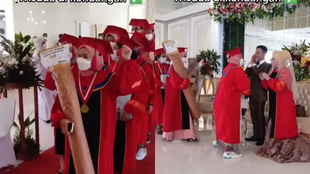 Potret kemeriahan wisudawan hadiri pesta pernikahan lengkap dengan baju toga wisuda.