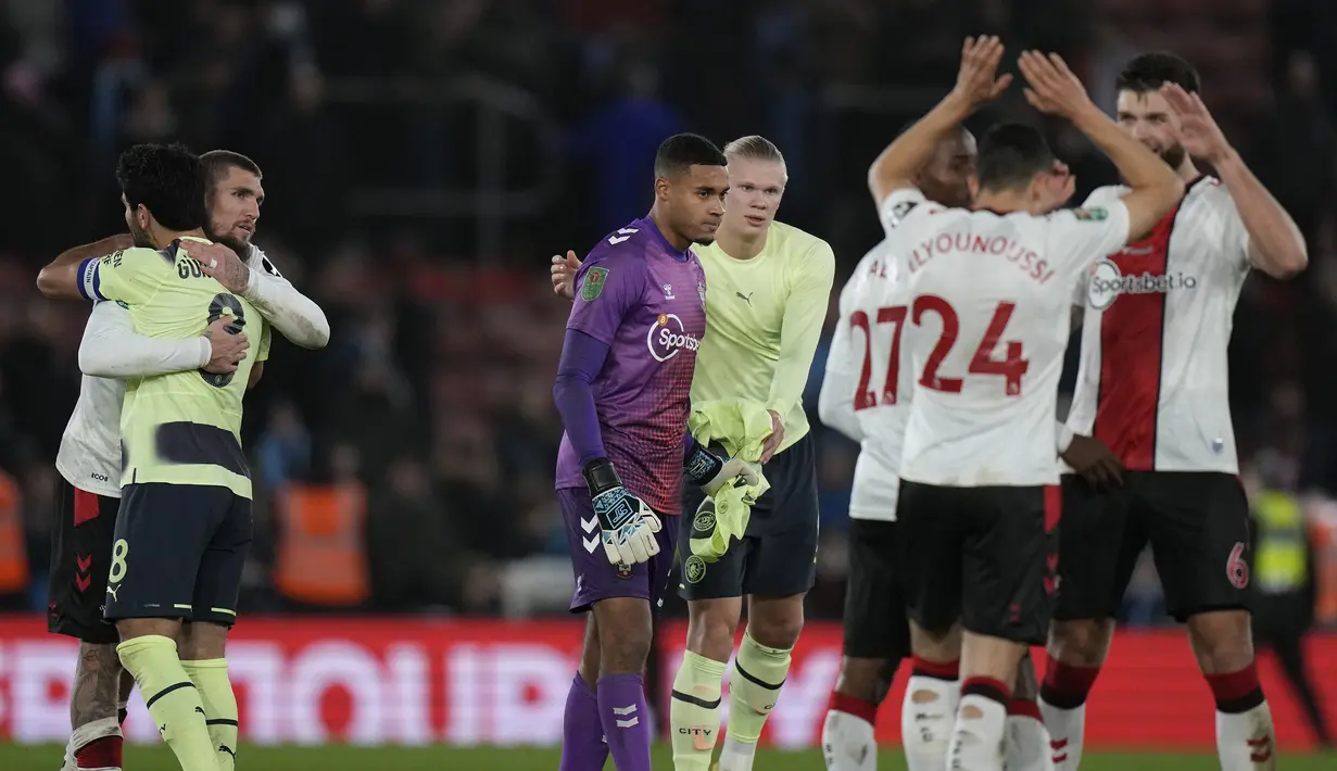 Hingga laga usai Manchester City gagal mencetak satu gol pun dan harus tersingkir dari Southampton pada perempatfinal Carabao Cup 2022/2023. (AP Photo/ Alastair Grant)