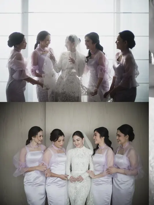 Saat pemberkatan nikah, Jessica Mila memilihkan warna lilac untuk bridesmaid-nya. Dress berpotongan midi lurus dengan outerwear material organza yang manis dan romantis. [Foto: Instagram @jscmila]