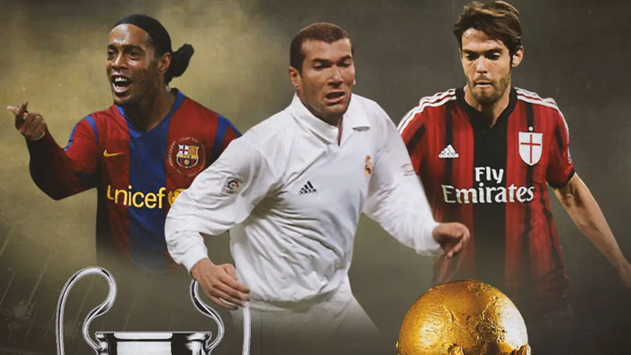 Ilustrasi - Ronaldinho, Zidane, Kaka dan Piala Liga Champions, Ballon d'Or, Piala Dunia