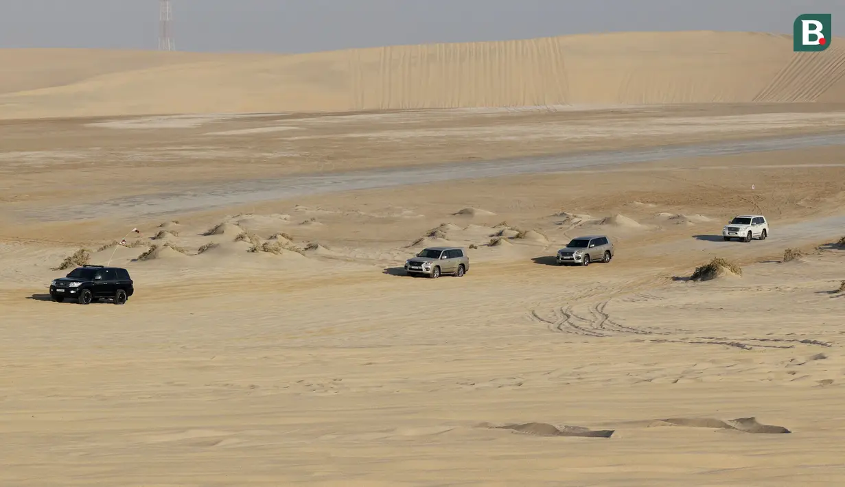 Area dekat pantai Sealine sangat cocok untuk menjelajahi gurun ini melalui dune bashing. Wisatawan bisa memacu adrenalin dengan melakukan petualangan di bukit pasir gurun ini. (Bola.com/Ade Yusuf Satria)