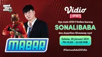 Live streaming mabar GTA V bersama Sonalibaba, Selasa (26/1/2021) pukul 19.00 WIB dapat disaksikan melalui platform Vidio, laman Bola.com, dan Bola.net. (Dok. Vidio)