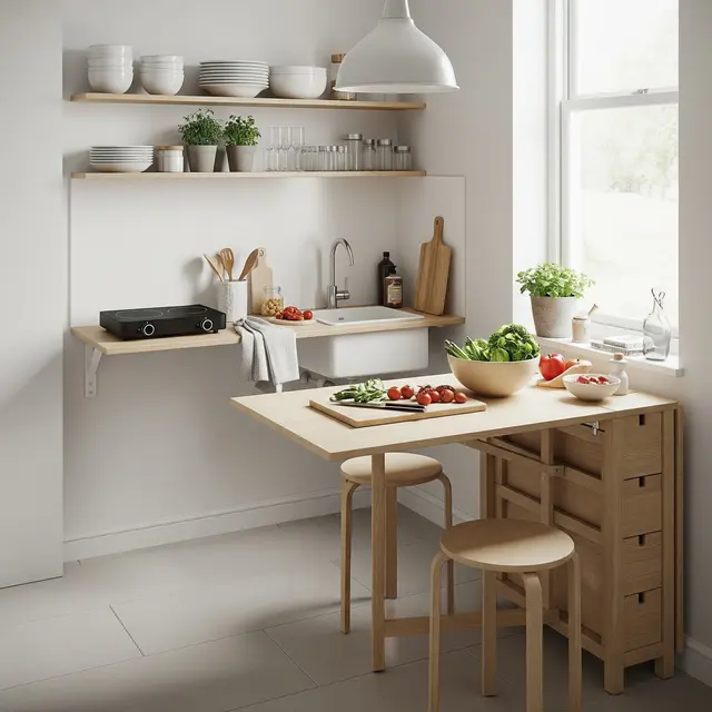 Dapur Tanpa Kitchen Set dengan Meja Lipat