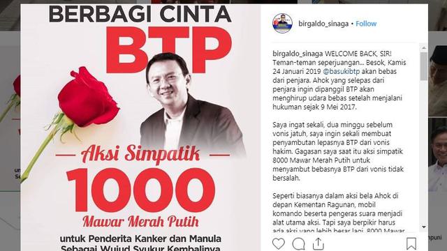 Aksi Caleg NasDem Birgaldo Sinaga sambut Ahok bebas.