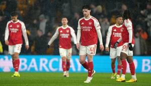 Arsenal kembali meraih hasil kurang maksimal di Liga Inggris saat bertandang ke markas Wolverhapton, Rabu (18/02/2026) waktu setempat. (AP Photo/Dave Shopland)