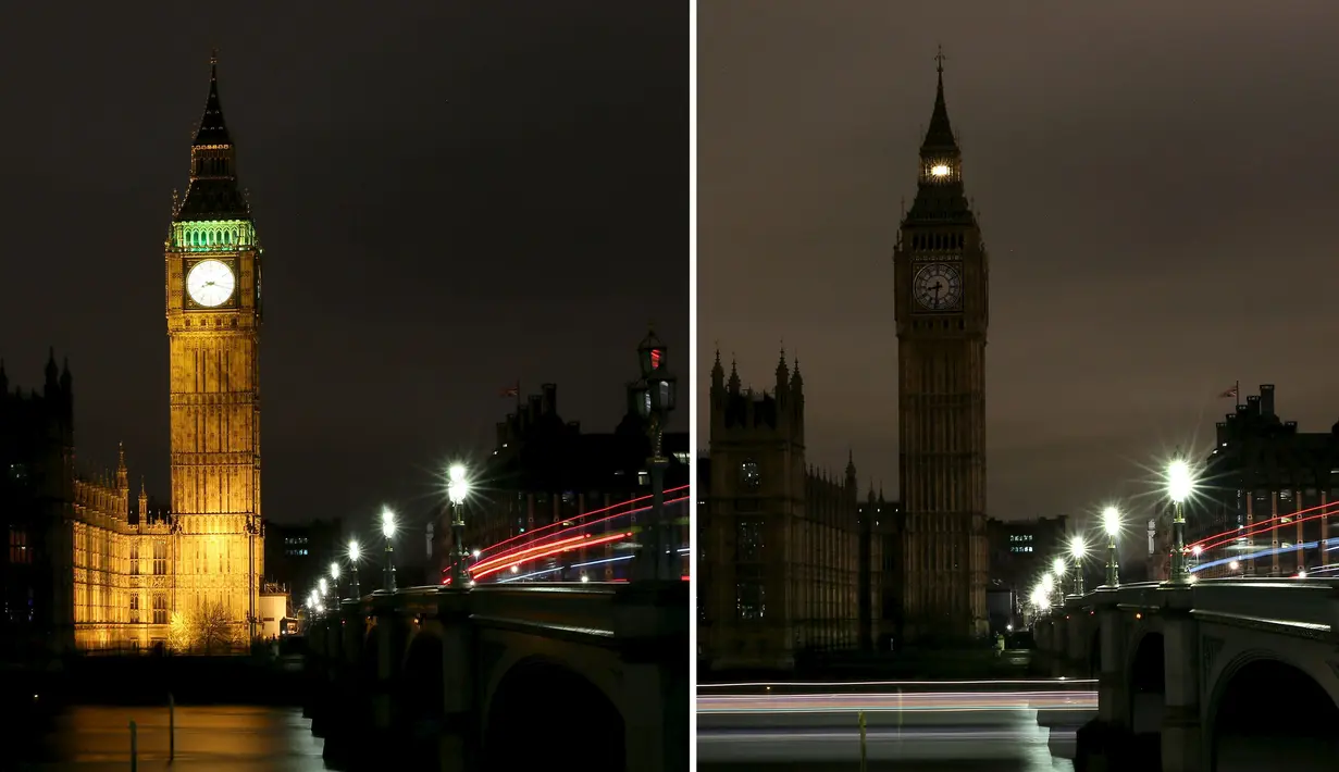 Foto kombinasi dari Gedung Parlemen Inggris sebelum dan saat memperingati Earth Hour di London, Inggris (19/3/2016). (Reuters/ Neil Balai)