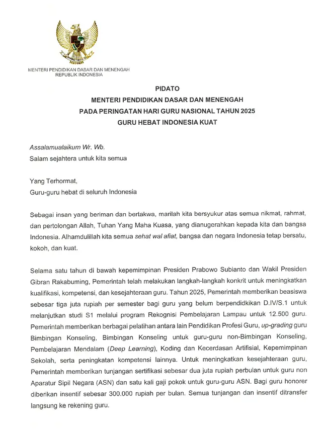 Pidato Hari Guru Nasional 2025 Resmi (kemendikdasmen.go.id)