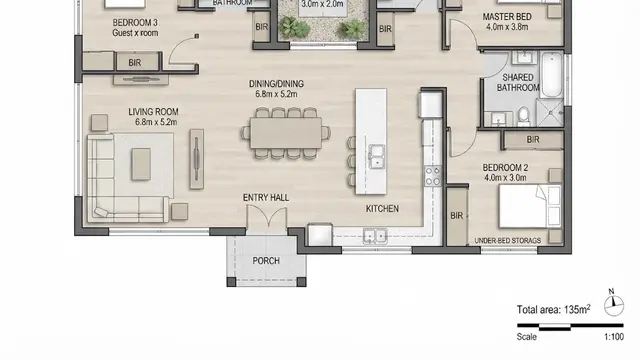 Rumah Satu Lantai dengan Area Penyimpanan di Bawah Tempat Tidur