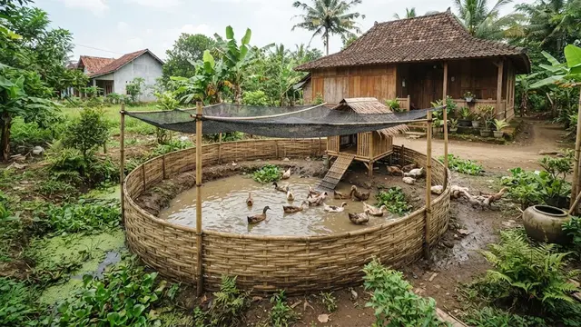 Model kandang bebek dengan area air mini yang bikin sehat dan produktif bertelur desain konsep alami berbasis lahan timbun dan kolam tanah