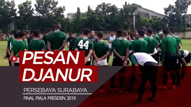 Berita video pesan pelatih Djanur (Djadjang Nurdjaman), yang absen dalam sesi latihan, kepada para pemain Persebaya Surabaya yang disampaikan asisten pelatih Bejo Sugiantoro jelang final leg II Piala Presiden 2019.