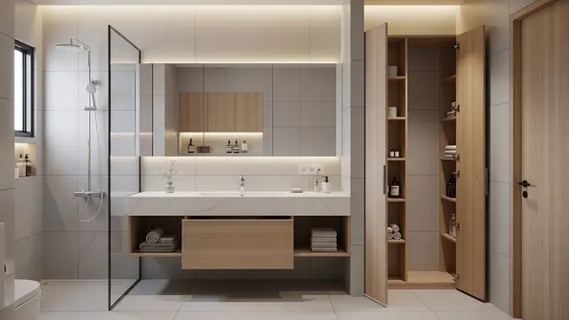 Kamar Mandi dengan Rak Penyimpanan Tersembunyi