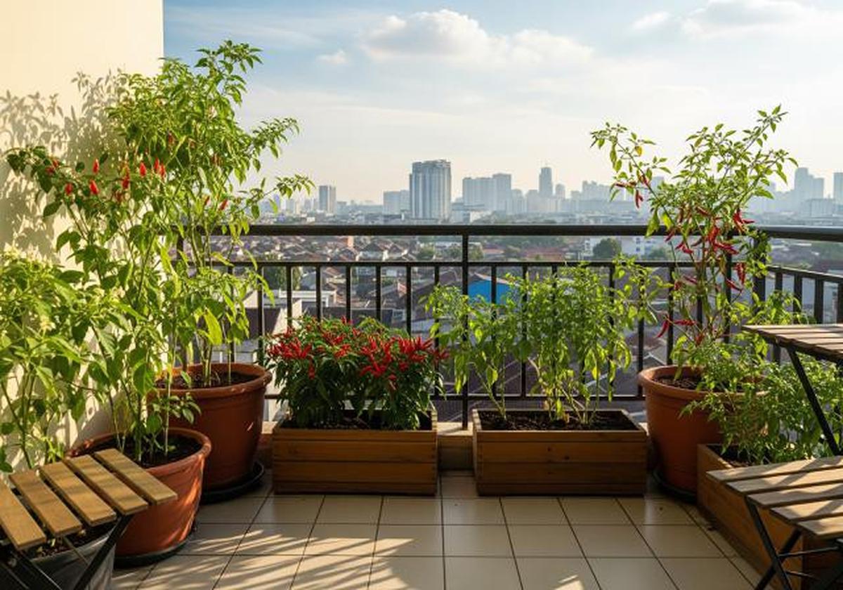 Kebun Cabai di Balkon Apartemen/Ide Kebun Cabai Mini di Rumah Tanpa Halaman (Sumber: gemini.com)