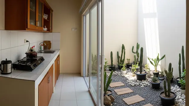 Dapur Mini Memanjang dengan Taman Kering di Ujung Ruangan