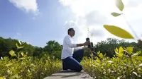Presiden Indonesia Joko Widodo menanam pohon mangrove dalam rangkaian agenda pertemuan KTT G20 di Hutan Mangrove Taman Hutan Raya Ngurah Rai, Denpasar, Bali, Indonesia, Rabu (16/11/2022). Agenda ini merupakan salah satu agenda resmi dari para delegasi G20 yang hadir di Bali, sebelum nanti melanjutkan kembali working group. (AP Photo/Alex Brandon via Pool)