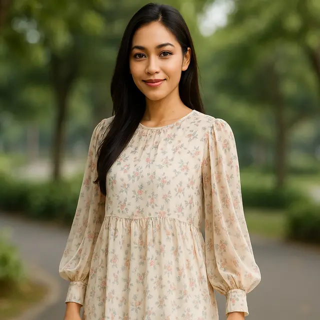 7 Model Tunik Motif Bunga Kecil Lengan Bishop, Bikin Tampilan Feminin dan Anggun di Segala Acara
