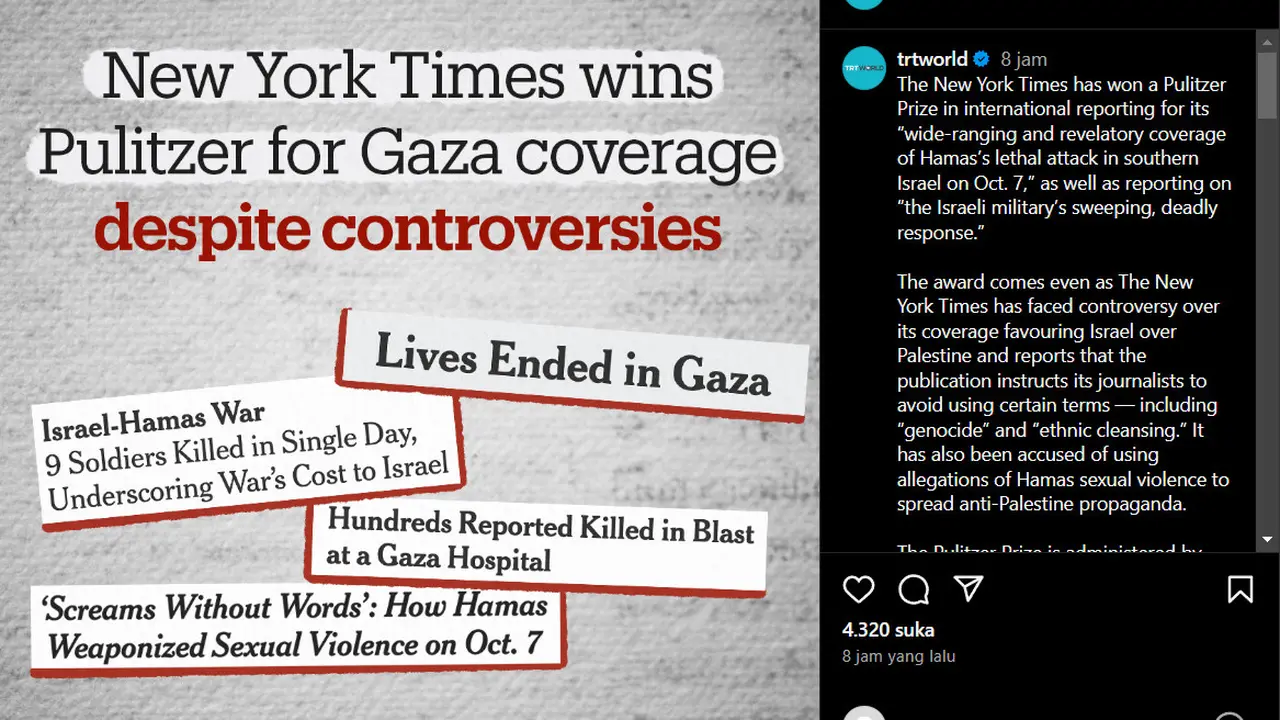 New York Times Terima Penghargaan Pulitzer untuk Tulisan Bernada Propaganda Anti-Palestina