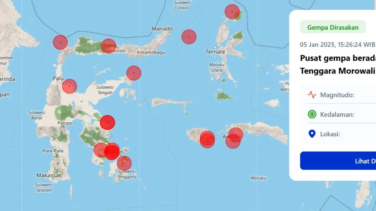Gempa hari ini di akhir pekan, Minggu (5/1/2025) di Indonesia menggetarkan sore tadi pukul 15:26:24 WIB di wilayah Morowali, Provinsi Sulawesi Tengah (Sulteng).