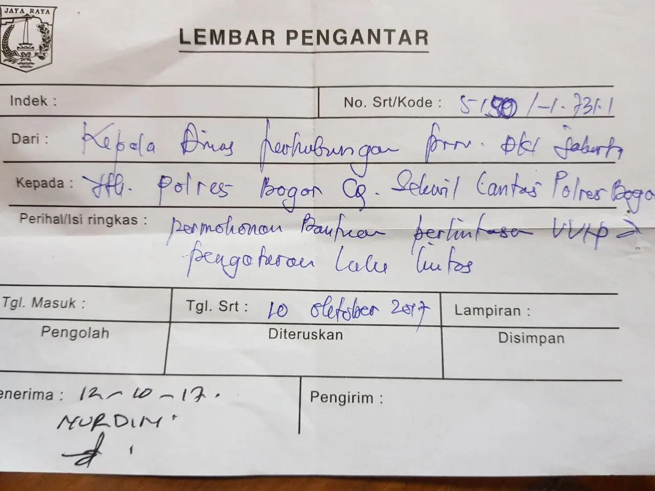 Surat pengantar dari Dishub DKI Jakarta untuk kepolisian di Bogor. (Liputan6.com/Rezki Apriliya Iskandar)