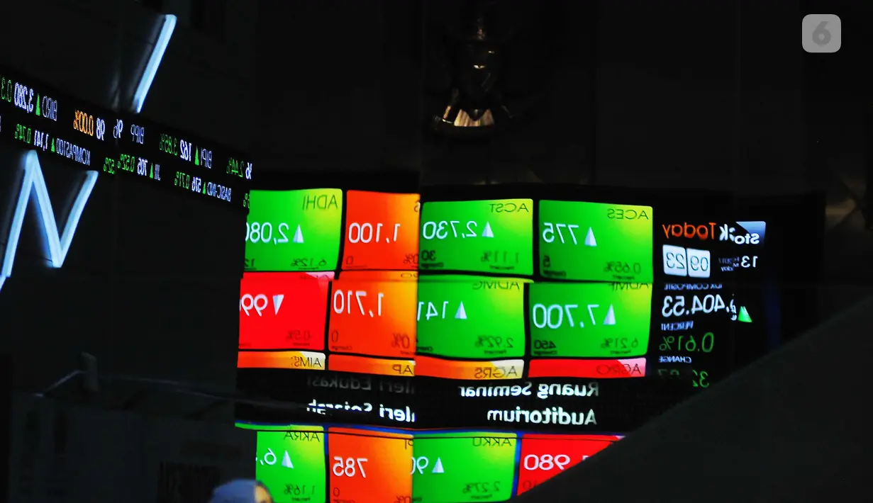 Pengunjung tengah melintasi layar pergerakan saham di BEI, Jakarta, Senin (13/2). Pembukaan perdagangan bursa hari ini, Indeks Harga Saham Gabungan (IHSG) tercatat menguat 0,57% atau 30,45 poin ke level 5.402,44. (Liputan6.com/Angga Yuniar)