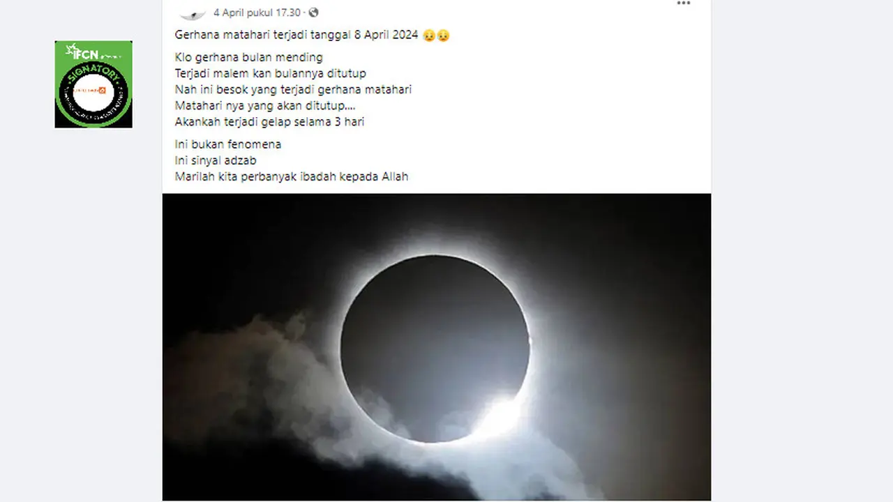 Tangkapan layar klaim terjadi gelap 3 hari akibat gerhana matahari 8 April 2024