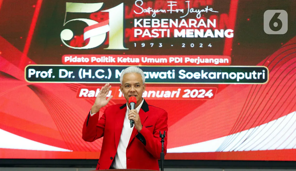 Dalam sambutannya, calon presiden nomor urut 3 Ganjar Pranowo mengaku telah menyerap aspirasi rakyat di sejumlah wilayah Indonesia. Dia menyebut bahwa PDIP menjadi harapan rakyat kecil untuk memperjuangkan perubahan ke arah yang lebih baik dalam Pemilihan Umum (Pemilu) 2024 ini. (Liputan6.com/Herman Zakharia)