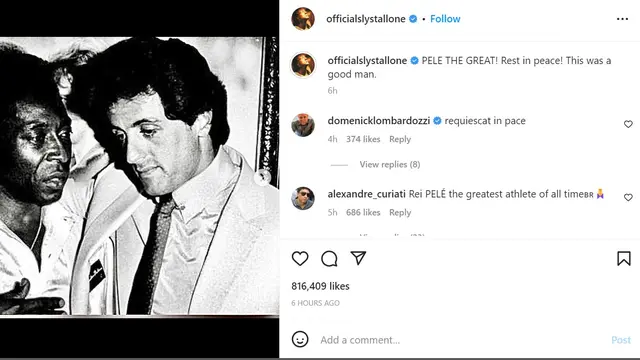 Unggahan Sylvester Stallone bersama Pele. (Instagram/ officialslystallone)